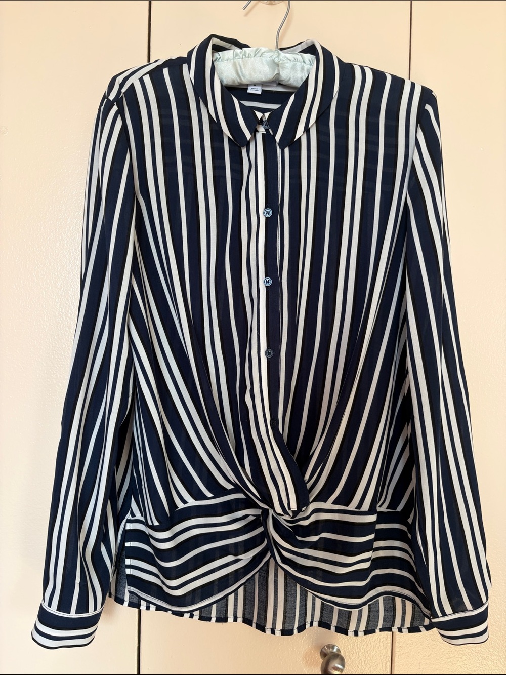 Bar III Navy and White Vertical Stripe Button-Down Blouse
